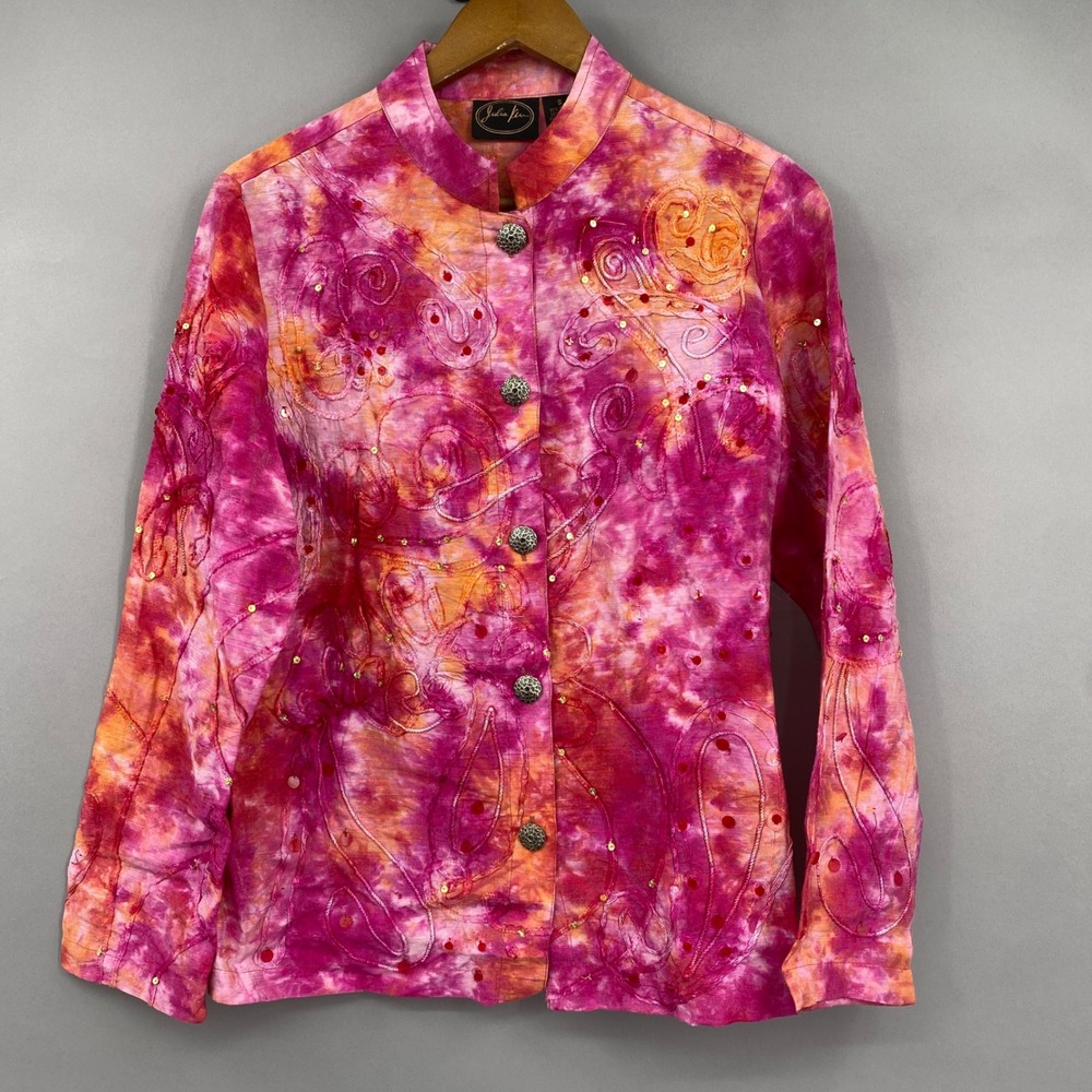 Julia Kim Tie Dye Embroidered Sequin Jacket Women Small Pink Orange Boho Art